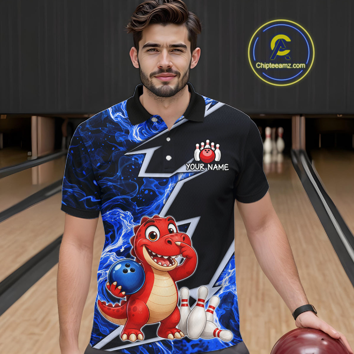 Funny Dinosaur Bowling Jersey For Men Custom Black And Blue Flame Bowling Shirt Polo & 1/4 Zip TDM6367