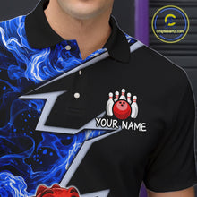 Load image into Gallery viewer, Funny Dinosaur Bowling Jersey For Men Custom Black And Blue Flame Bowling Shirt Polo &amp; 1/4 Zip TDM6367