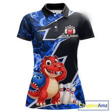 Load image into Gallery viewer, Funny Dinosaur Bowling Jersey For Women Custom Black And Blue Flame Bowling Shirt Polo &amp; 1/4 Zip TDM6367