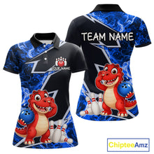 Load image into Gallery viewer, Funny Dinosaur Bowling Jersey For Women Custom Black And Blue Flame Bowling Shirt Polo &amp; 1/4 Zip TDM6367