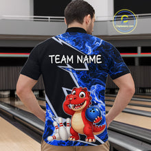 Load image into Gallery viewer, Funny Dinosaur Bowling Jersey For Men Custom Black And Blue Flame Bowling Shirt Polo &amp; 1/4 Zip TDM6367
