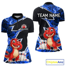 Load image into Gallery viewer, Funny Dinosaur Bowling Jersey For Women Custom Black And Blue Flame Bowling Shirt Polo &amp; 1/4 Zip TDM6367