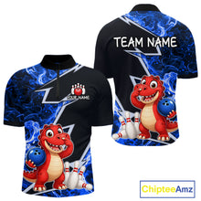 Load image into Gallery viewer, Funny Dinosaur Bowling Jersey For Men Custom Black And Blue Flame Bowling Shirt Polo &amp; 1/4 Zip TDM6367