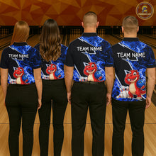 Load image into Gallery viewer, Funny Dinosaur Bowling Jersey For Men Custom Black And Blue Flame Bowling Shirt Polo &amp; 1/4 Zip TDM6367