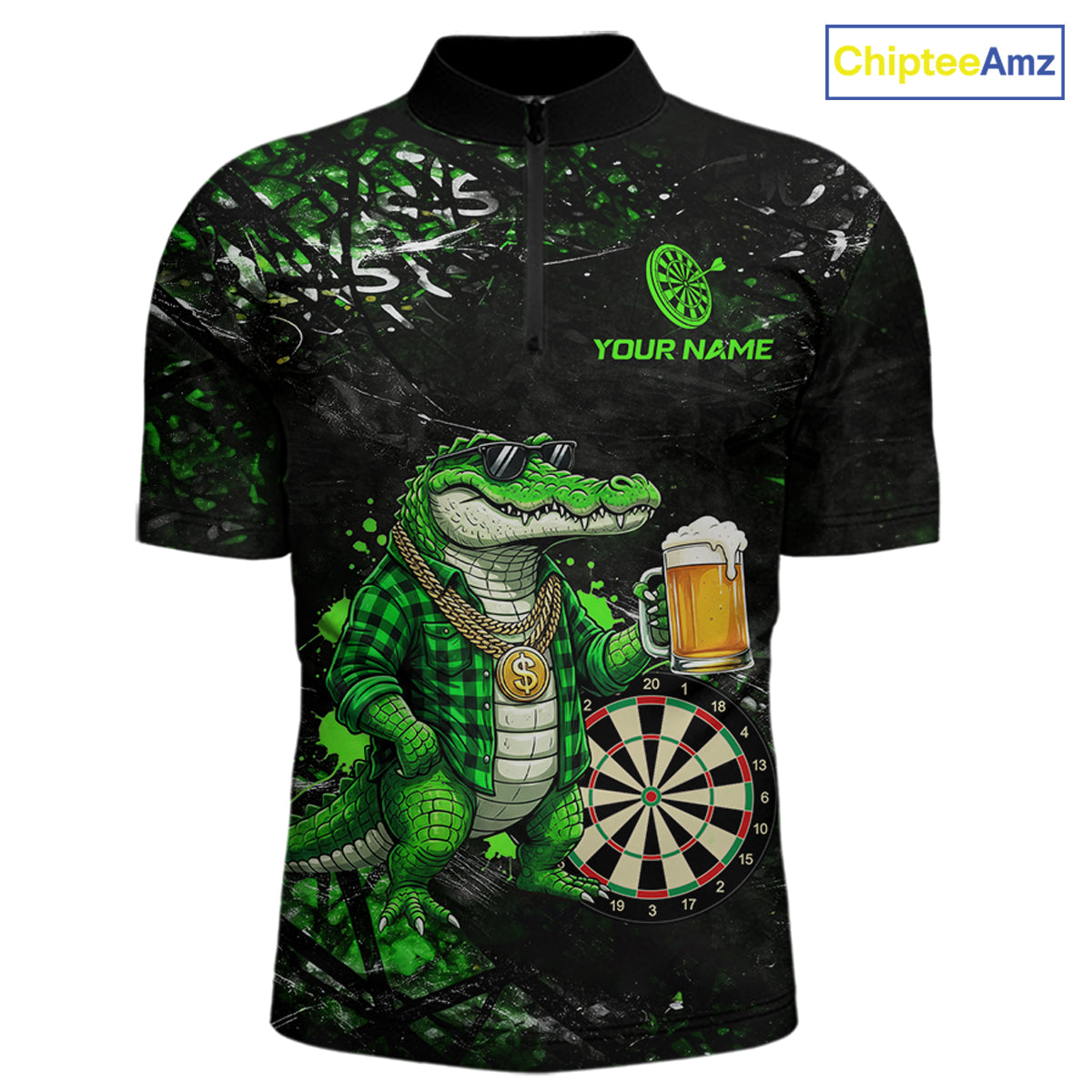 Green Grunge Funny Alligator Darts Shirt For Men Custom Darts Jersey Polo & 1/4 Zip, Darts Gifts TDM6373