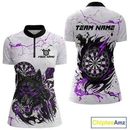 Personalized White Grunge Wolf Darts Shirt For Women Custom Darts Team Jersey Polo & 1/4 Zip|Purple TDM5282