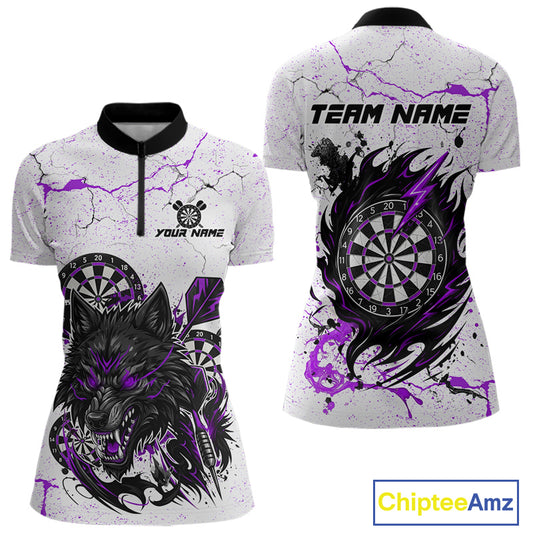 Personalized White Grunge Wolf Darts Shirt For Women Custom Darts Team Jersey Polo & 1/4 Zip|Purple TDM5282