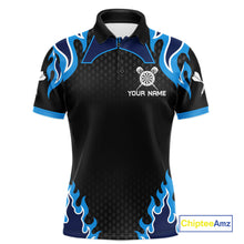 Load image into Gallery viewer, Black And Blue Flaming Darts Jersey Polo &amp; Quarter Zip Custom Darts Team Shirt For Men TDM6146