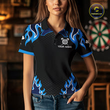 Load image into Gallery viewer, Black And Blue Flaming Darts Jersey Polo &amp; Quarter Zip Custom Darts Team Shirt For Women TDM6146