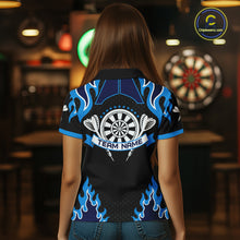 Load image into Gallery viewer, Black And Blue Flaming Darts Jersey Polo &amp; Quarter Zip Custom Darts Team Shirt For Women TDM6146