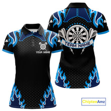 Load image into Gallery viewer, Black And Blue Flaming Darts Jersey Polo &amp; Quarter Zip Custom Darts Team Shirt For Women TDM6146