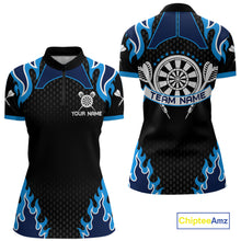 Load image into Gallery viewer, Black And Blue Flaming Darts Jersey Polo &amp; Quarter Zip Custom Darts Team Shirt For Women TDM6146