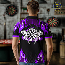 Load image into Gallery viewer, Black And Purple Flaming Darts Jersey Polo &amp; Quarter Zip Custom Darts Team Shirt For Men TDM6147