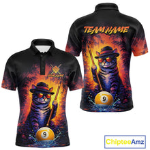 Load image into Gallery viewer, Vintage funny cat 9 ball billiard polo shirt for men with custom pool team graphics.