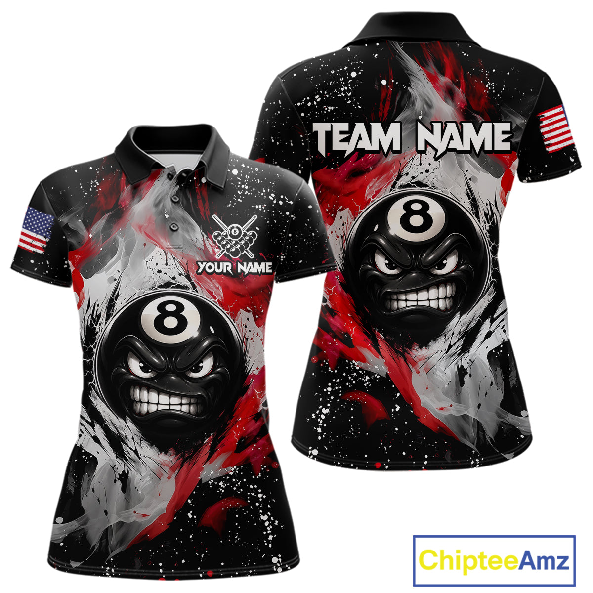 Black polo shirt with 8-ball design and custom name, featuring American