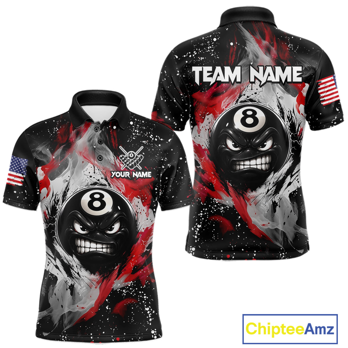 Black polo shirt with 8-ball design and custom name, featuring American