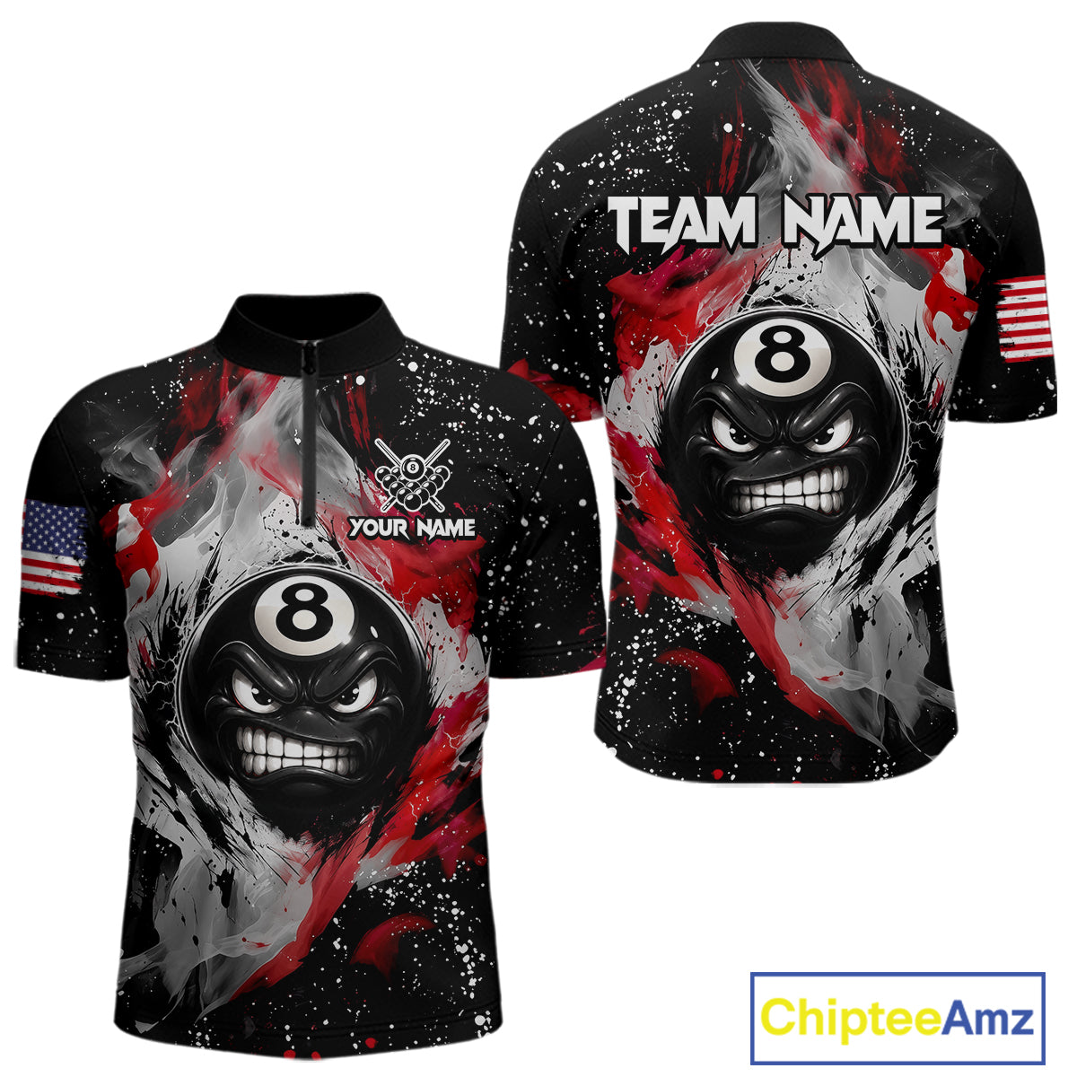 Black quarter zip shirt with 8-ball design and custom name, featuring American
