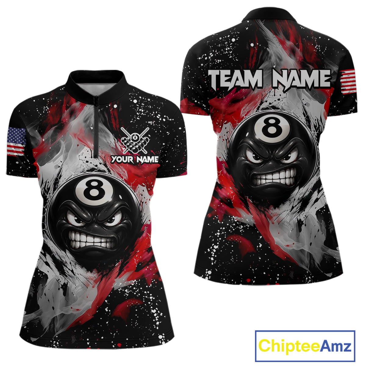 Black quarter zip shirt with 8-ball design and custom name, featuring American