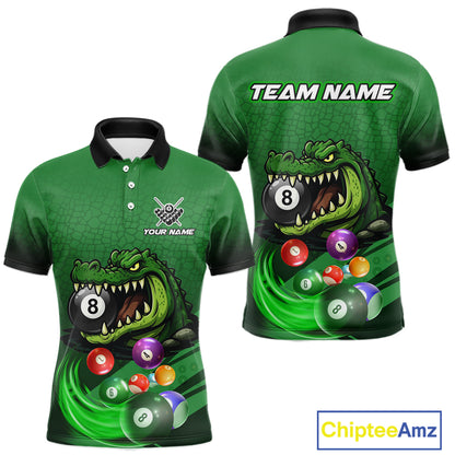 Green polo shirt with an alligator and billiard ball design, featuring customizable "Your Name" and "Team Name" text for a personalized look.