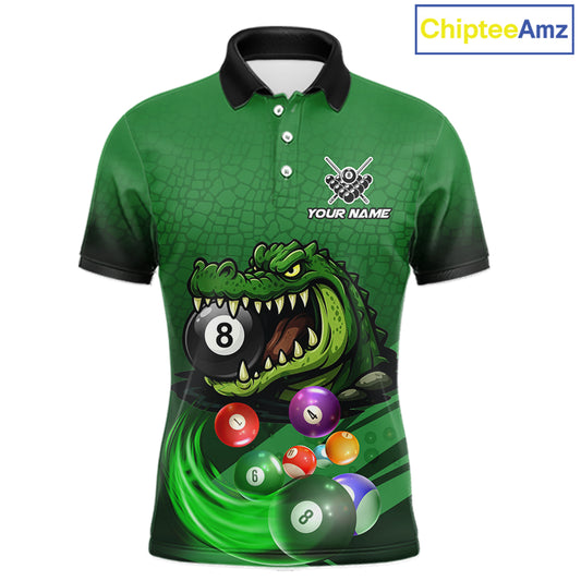 Green polo shirt with an alligator and billiard ball design, featuring customizable "Your Name" and "Team Name" text for a personalized look.