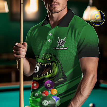 Green Funny Alligator 8 Ball Billiard Shirts For Men Custom Pool Team Jersey Polo & Quarter Zip TDM6621
