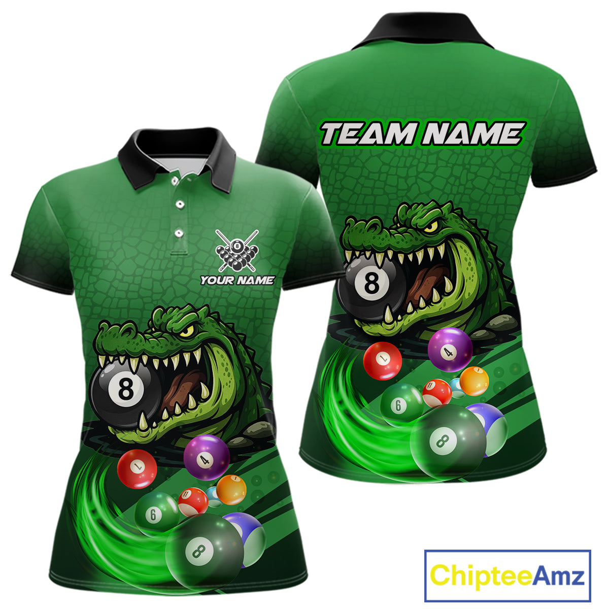 Green polo shirt with an alligator and billiard ball design, featuring customizable "Your Name" and "Team Name" text for a personalized look.