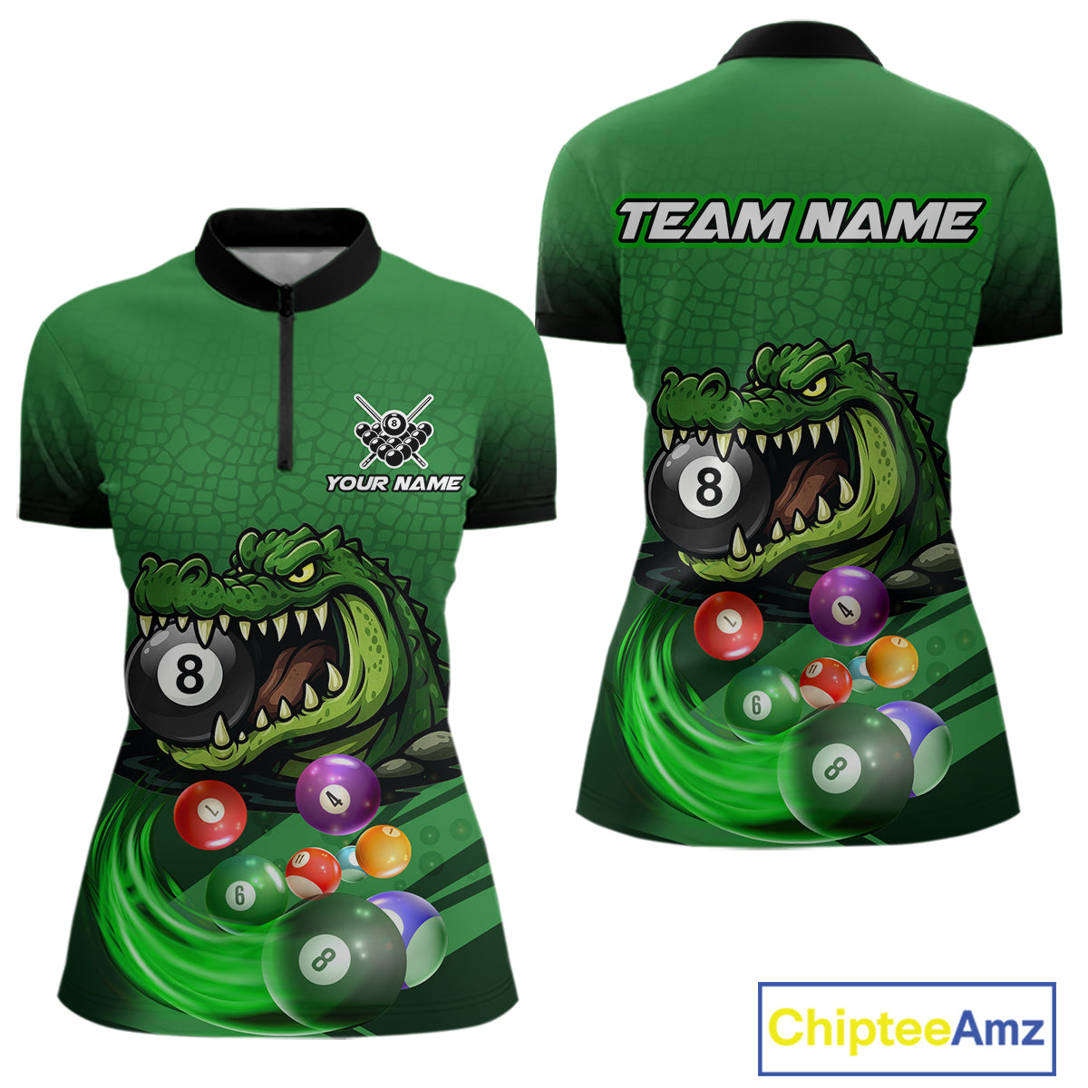 Green quarter zip shirt with an alligator and billiard ball design, featuring customizable "Your Name" and "Team Name" text for a personalized look.