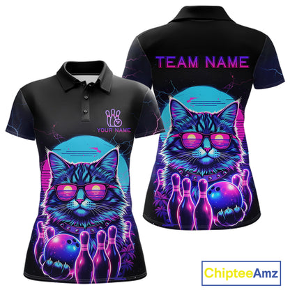 Funny Cat Retro Neon Bowling Shirt For Women Custom Bowling Team Jersey Polo & Quarter Zip TDM5817
