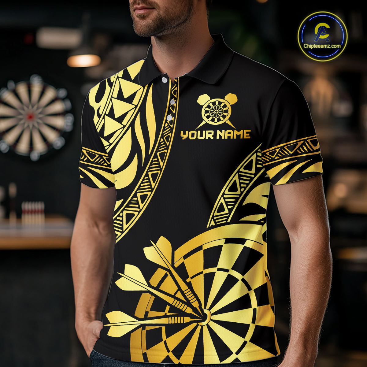 Custom Black And Gold Dartboard Tribal Darts Shirt For Men, Darts Team Jersey Polo & Quarter Zip TDM6630