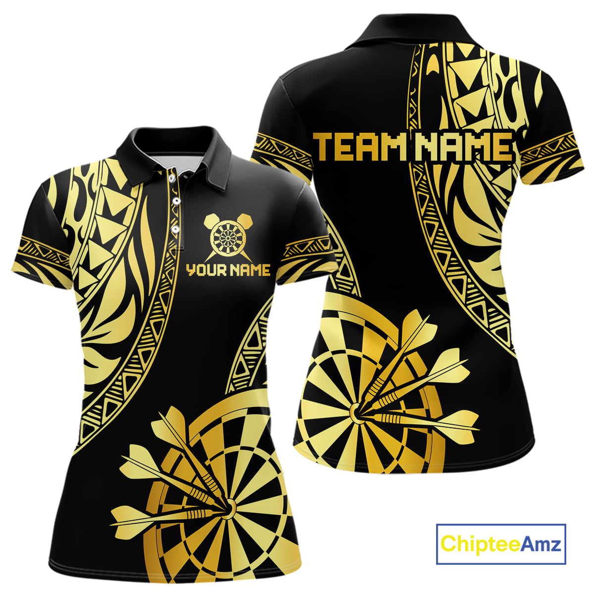 Black and gold tribal darts polo shirt for women with custom player name and team name.