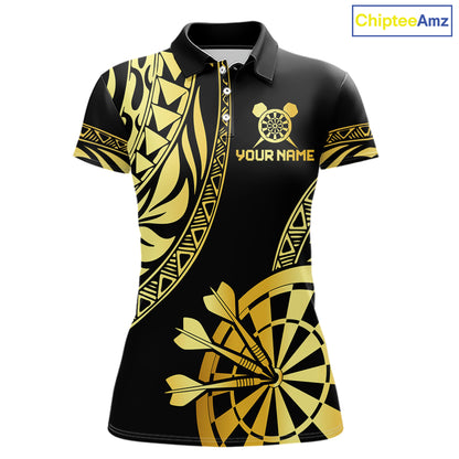 Black and gold tribal darts polo shirt for women with custom player name and team name.