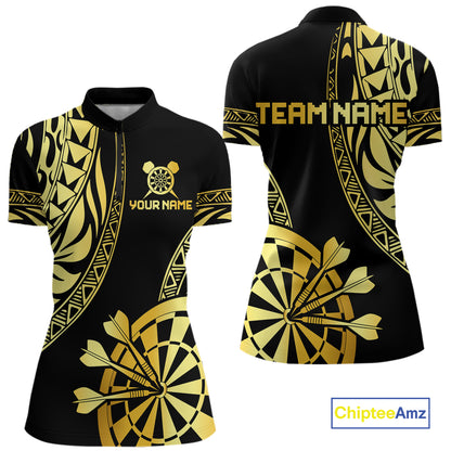 Black and gold tribal darts quarter zip shirt for women with custom player name and team name.