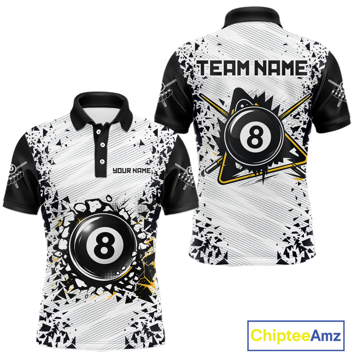 Funny crack 8 ball pool team polo shirt for men with cracked 8 ball graphics.