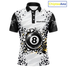 Load image into Gallery viewer, Funny crack 8 ball custom billiard polo shirt for men, pool team jersey and tournament apparel.