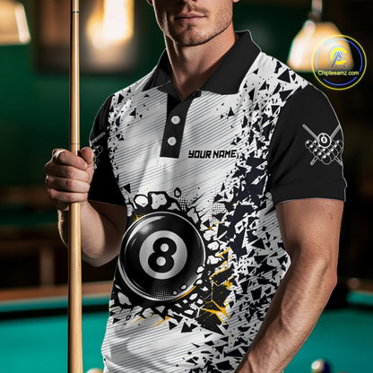 Man wearing a funny crack 8 ball billiard jersey front view, custom pool team shirt.