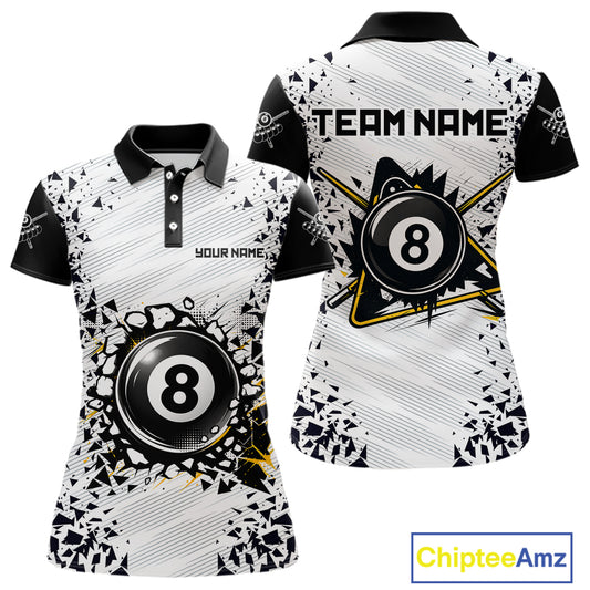 Funny crack 8 ball pool team polo shirt for women with cracked 8 ball graphics.