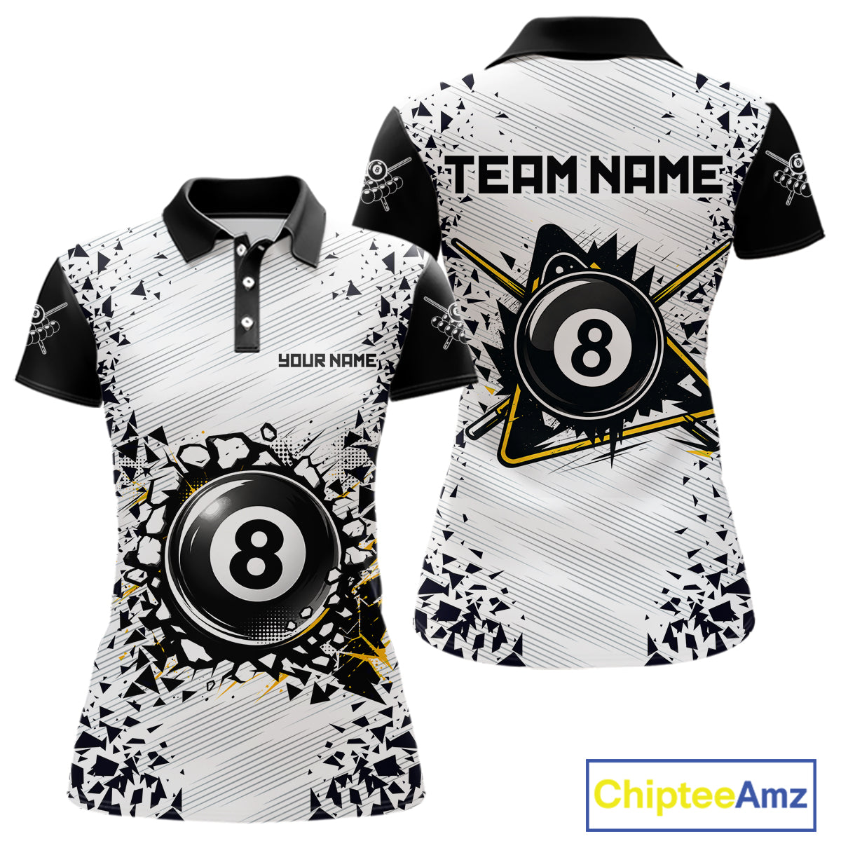 Funny crack 8 ball pool team polo shirt for women with cracked 8 ball graphics.