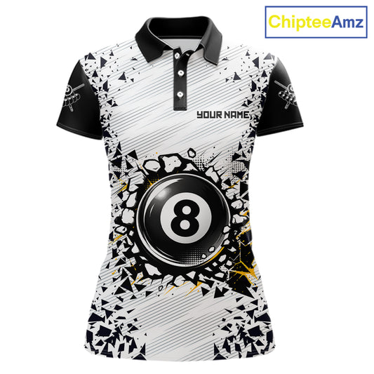 Funny crack 8 ball custom billiard polo shirt for women, pool team jersey and tournament apparel.