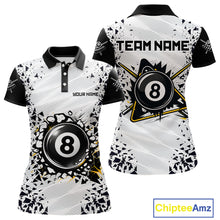 Load image into Gallery viewer, Funny crack 8 ball pool team polo shirt for women with cracked 8 ball graphics.