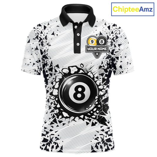 Funny crack 8 ball and 9 ball pool team polo shirt for men with cracked billiard ball graphics.