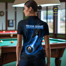 Load image into Gallery viewer, Back view of woman wearing a blue dragon 8 ball pool fire billiard team jersey.