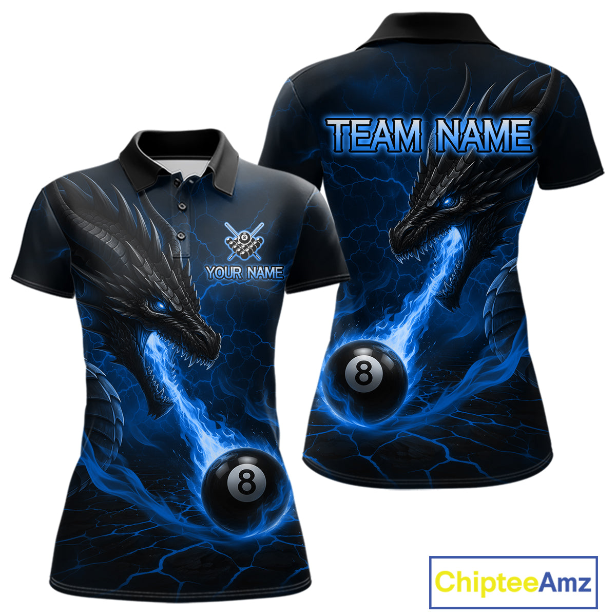 Blue dragon 8 ball pool fire custom billiard polo shirt for women, personalized pool team jersey.