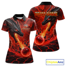 Load image into Gallery viewer, Dragon fire flame red bowling team polo shirt for women with dragon artwork.