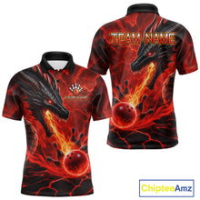 Load image into Gallery viewer, Dragon fire flame red bowling team polo shirt for men with dragon artwork.