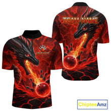 Load image into Gallery viewer, Dragon fire flame red bowling quarter zip shirt for men, custom bowling league jersey.