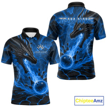 Load image into Gallery viewer, Dragon fire flame blue bowling team polo shirt for men with dragon artwork.