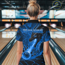 Load image into Gallery viewer, Woman wearing dragon fire flame blue bowling polo shirt back view.