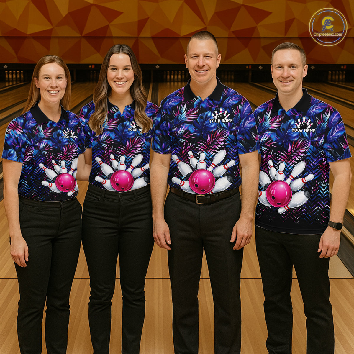 Custom Blue And Pink Tropical Floral Bowling Shirt For Women, Bowling Team Jersey Polo & 1/4 Zip TDM6222