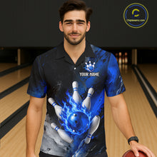 Load image into Gallery viewer, Man wearing black and blue flaming Hawaiian bowling shirt front view.