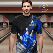Load image into Gallery viewer, Man wearing black and blue flaming bowling quarter zip shirt front view.